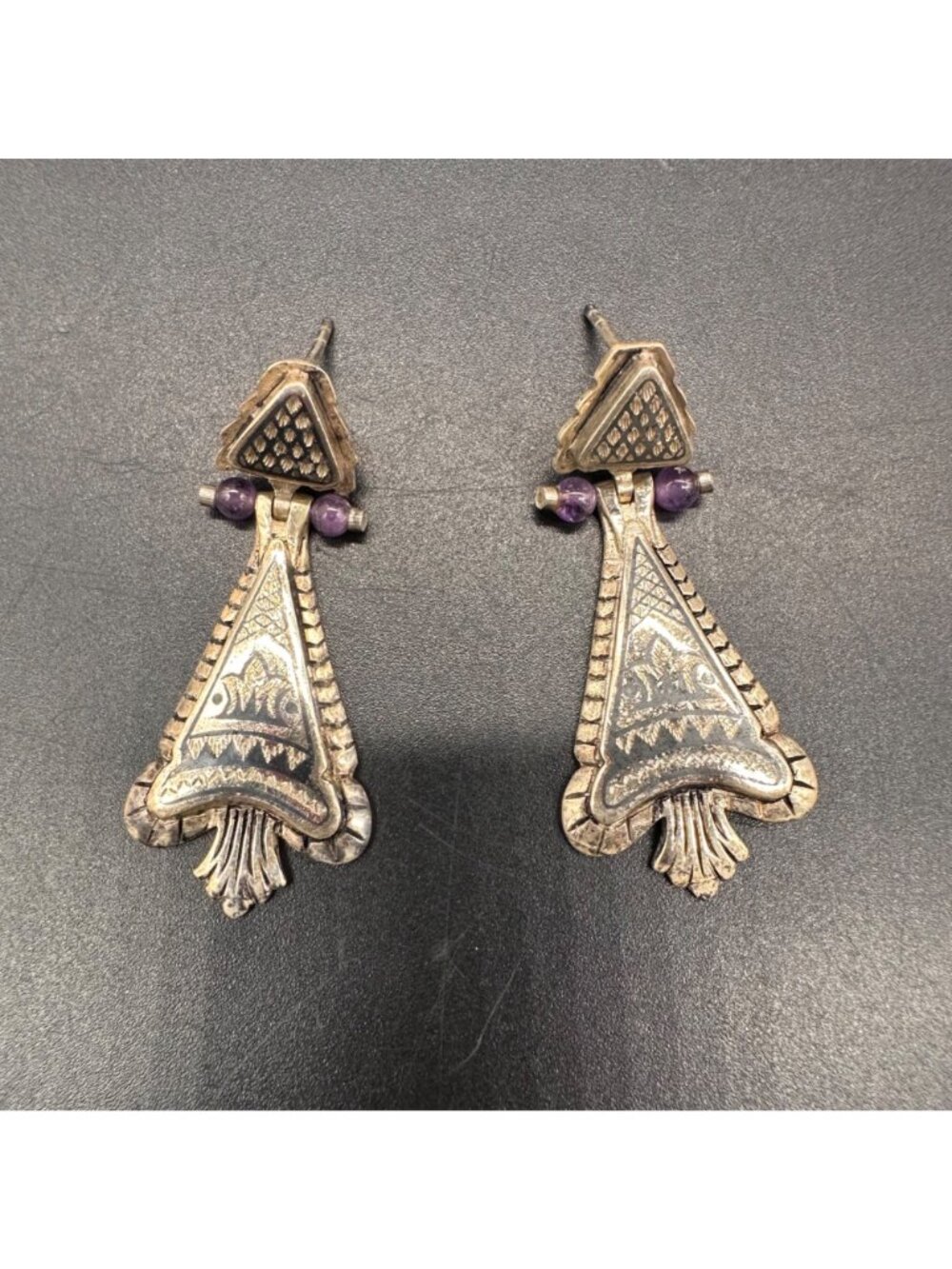 Vintage Sterling Silver Damascene Dangle Drop Earrings Amethyst Beads Spain - Picture 3 of 7